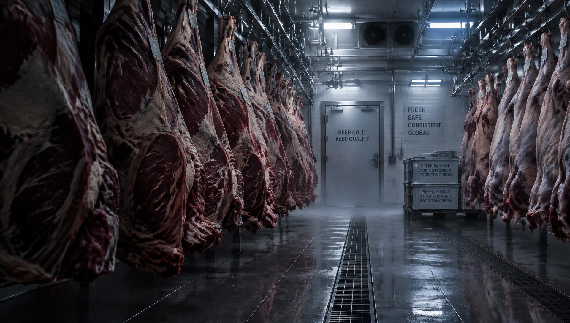 Kühlhaus im Fleischgroßhandel mit hängenden Rinder- und Lammvierteln
